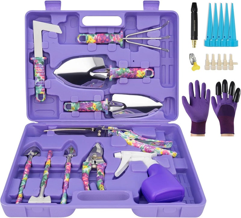 NTOEJA Garden Tool Set, 17-Piece Garden Tools with Floral Print, 304 Stainless Steel Garden Tools Set, Gardening Kit Gardening Gifts for Women, Purple - Image 1